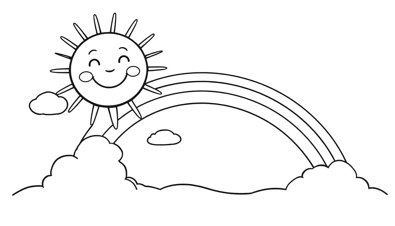 A black and white coloring panel featuring a happy sun, a rainbow, and clouds.