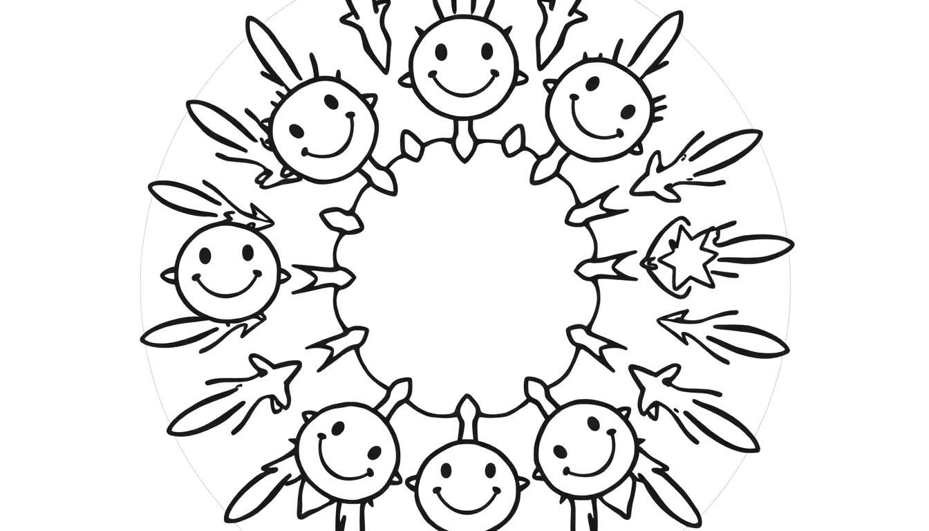 A happy circle of cartoon suns and stars holding hands, perfect for a color panel.