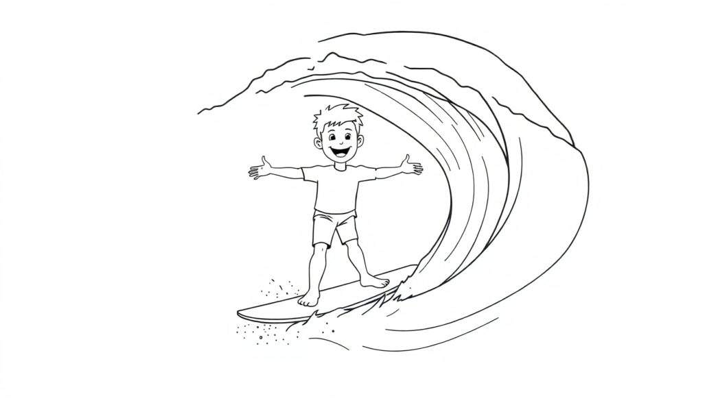 A black and white line drawing of a happy boy surfing a big wave, perfect for a color panel.