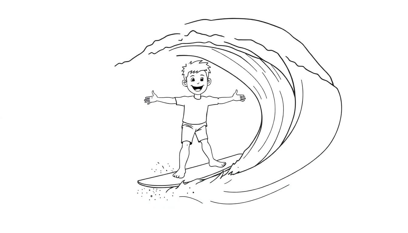 A black and white line drawing of a happy boy surfing a big wave, perfect for a color panel.