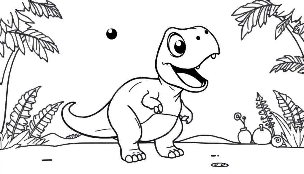 A friendly T-Rex coloring page, a cute dinosaur roaring happily in a prehistoric jungle, ready for your color panel.