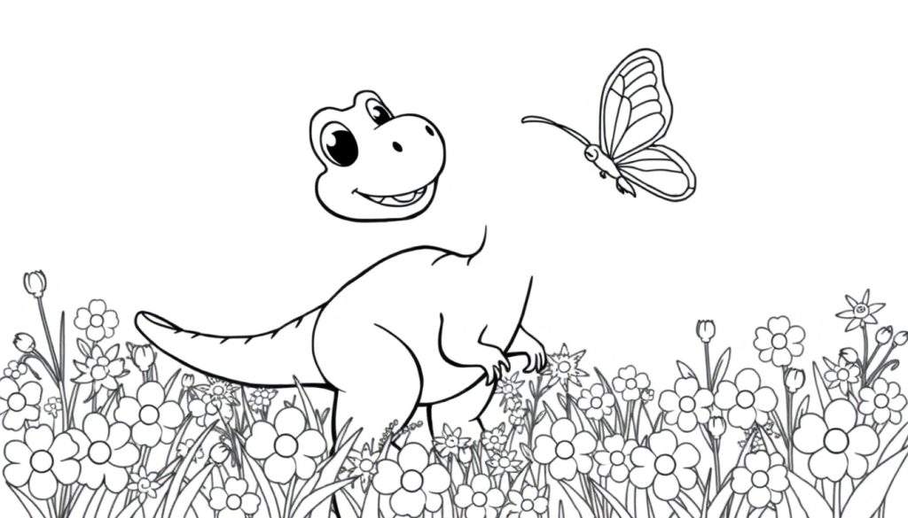 A black and white coloring panel shows a happy T-Rex head next to a butterfly in a field of flowers. The dinosaur has no neck and its head is separate from its body. This coloring panel also includes grass.