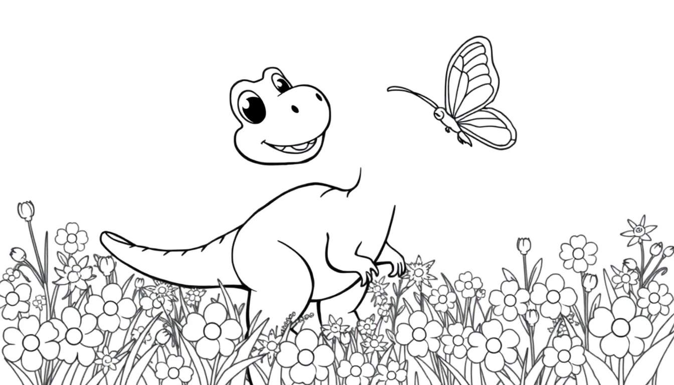 A black and white coloring panel shows a happy T-Rex head next to a butterfly in a field of flowers. The dinosaur has no neck and its head is separate from its body. This coloring panel also includes grass.