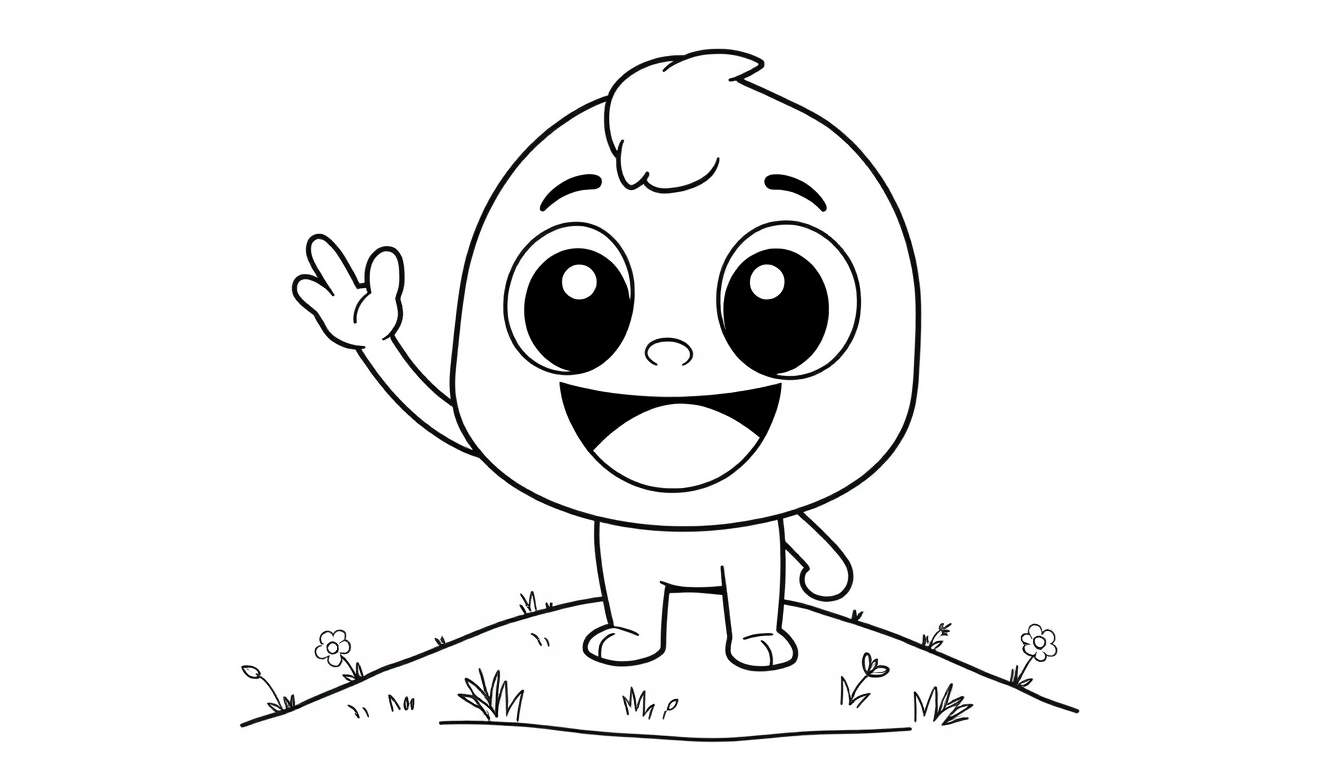 A cute Toca Boca character with big eyes and a friendly smile waving on a grassy hill, ready for coloring in this color panel.
