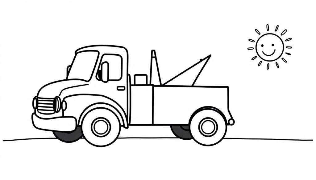 A black and white illustration of a friendly tow truck under a smiling sun, ready for a color panel.