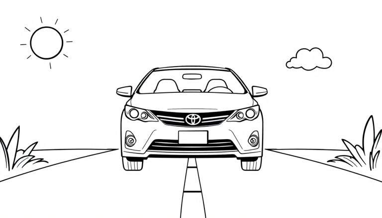 A cute Toyota Camry driving on a sunny road, a color panel for coloring.
