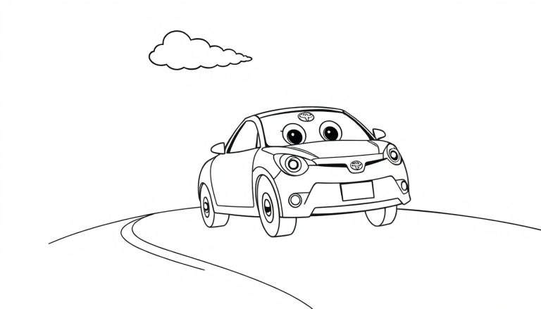 A friendly Toyota car coloring panel with big eyes and a smile.