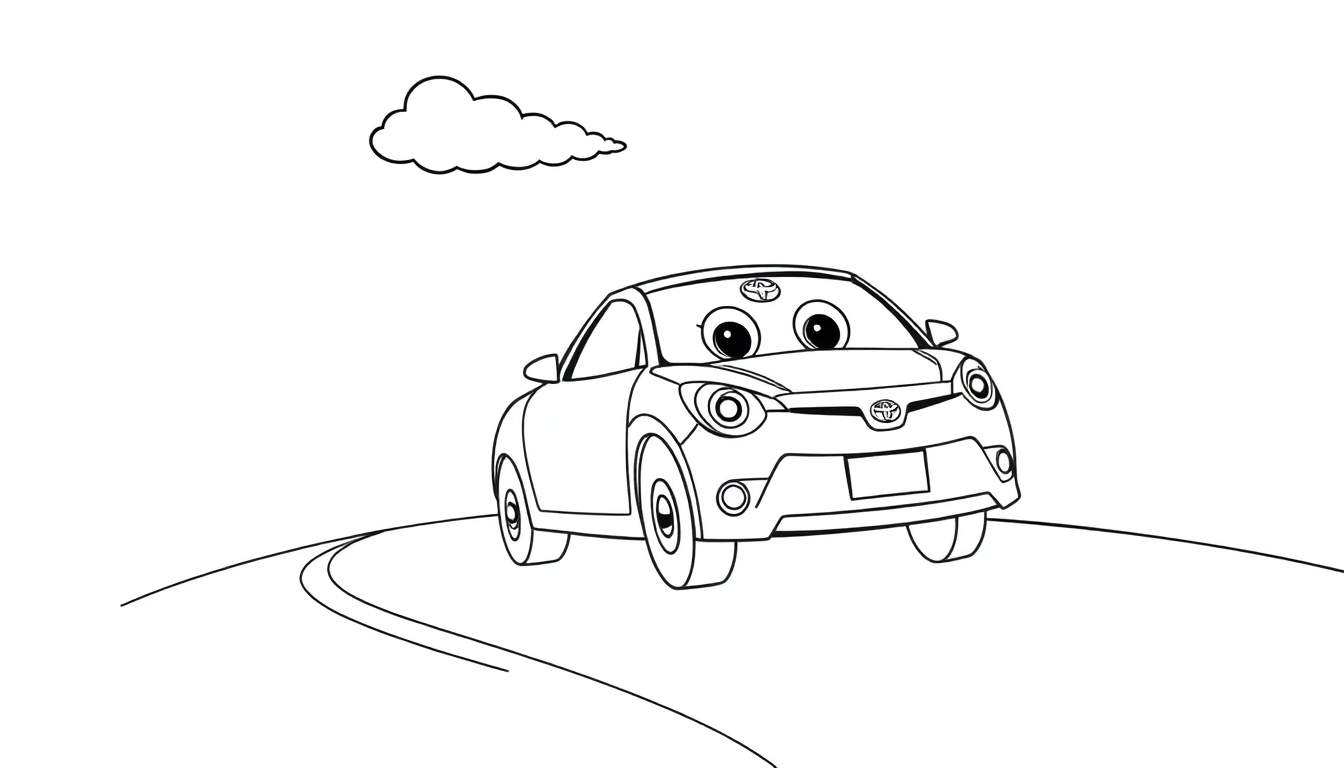 A friendly Toyota car coloring panel with big eyes and a smile.