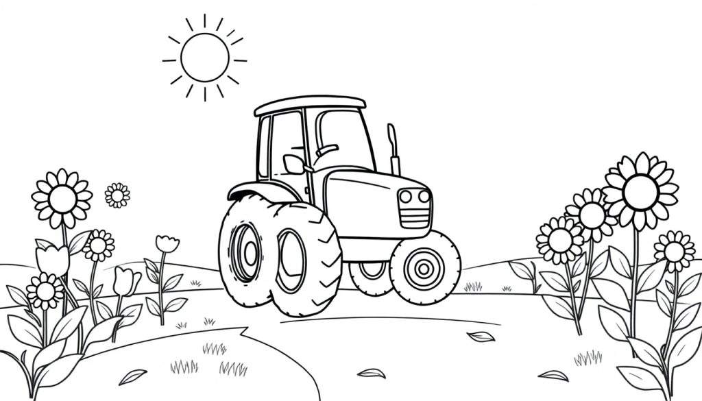 A happy red tractor driving through a field of flowers on a sunny day, a color panel.