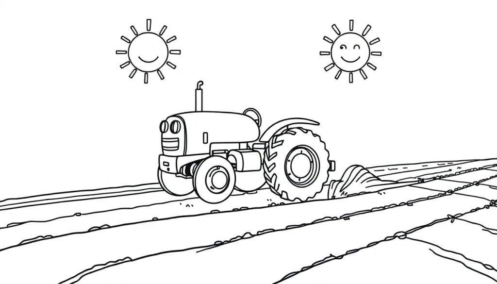 A black and white color panel of a happy cartoon tractor with two smiling suns.
