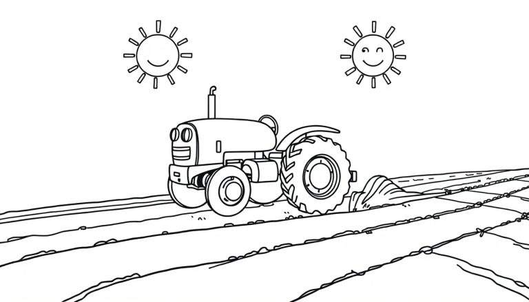 A black and white color panel of a happy cartoon tractor with two smiling suns.