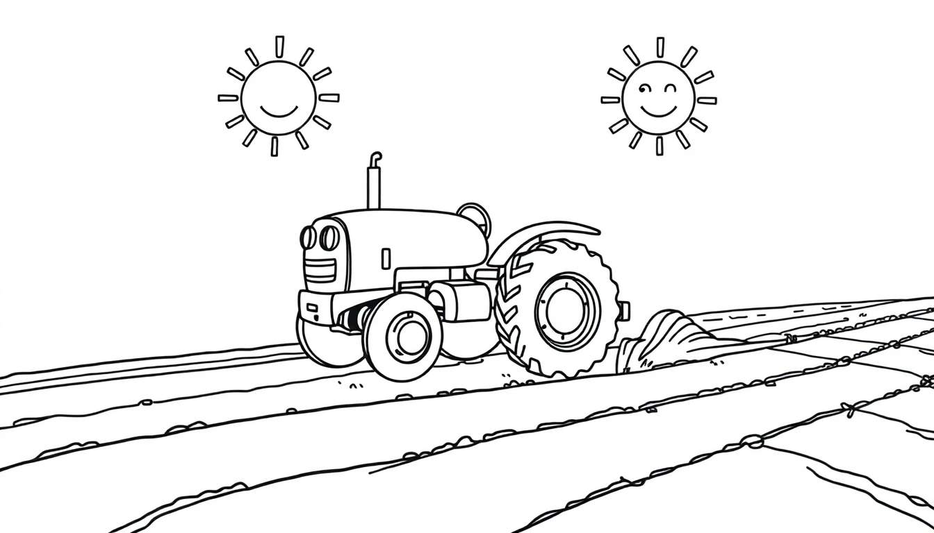 A black and white color panel of a happy cartoon tractor with two smiling suns.