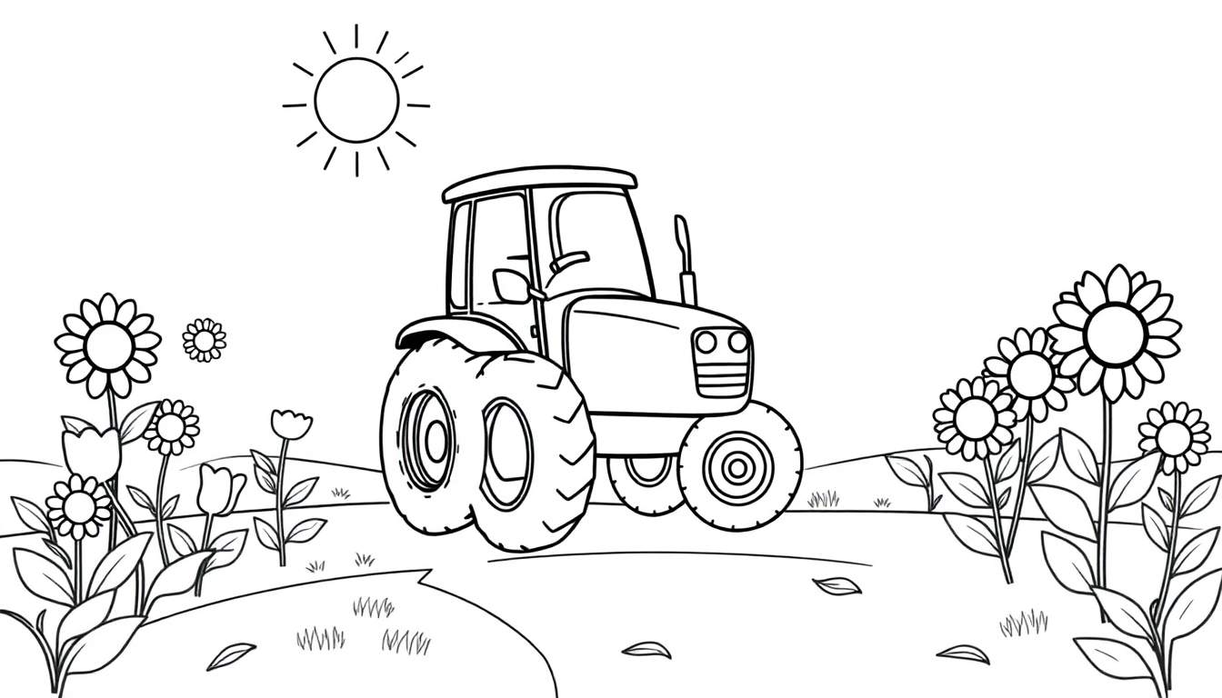 A happy red tractor driving through a field of flowers on a sunny day, a color panel.