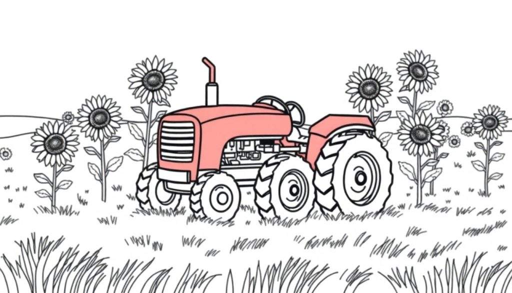 A happy salmon pink tractor coloring panel in a field of sunflowers.
