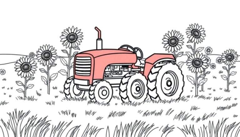 A happy salmon pink tractor coloring panel in a field of sunflowers.