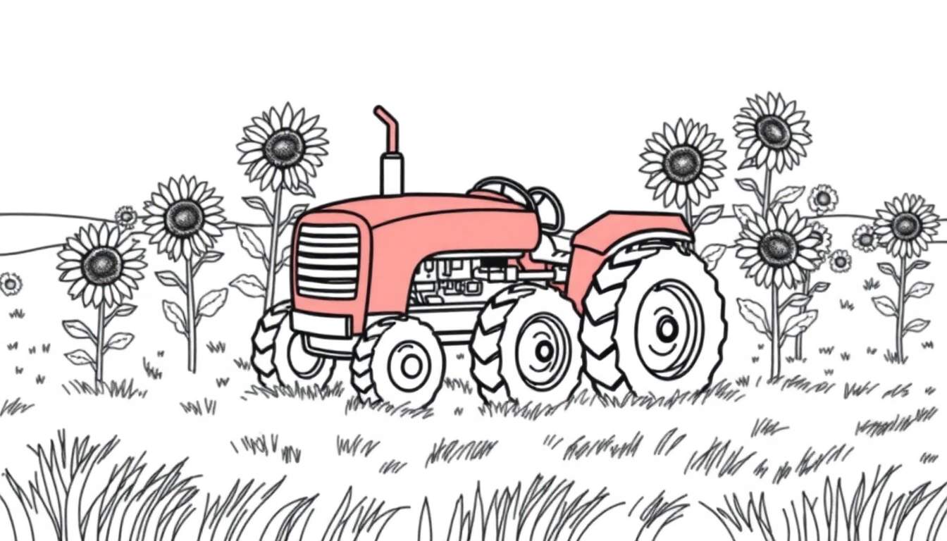 A happy salmon pink tractor coloring panel in a field of sunflowers.
