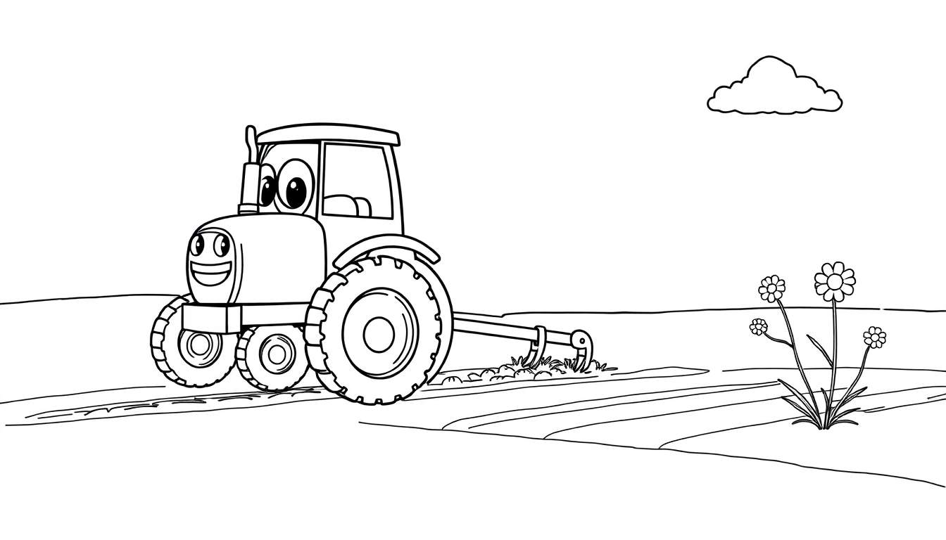 A smiling cartoon tractor coloring panel plowing a field.