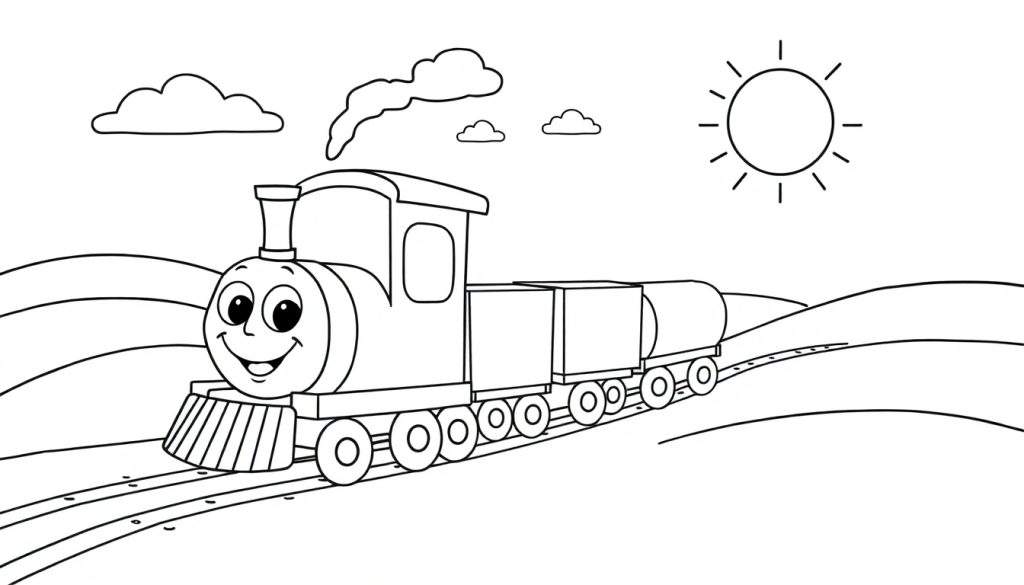 A friendly cartoon train with a smiling face on its engine, chugging along a track through rolling hills, under a sunny sky with clouds, perfect for a color panel.