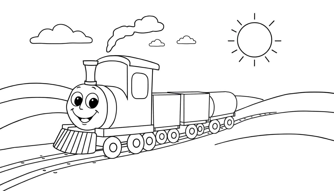 A friendly cartoon train with a smiling face on its engine, chugging along a track through rolling hills, under a sunny sky with clouds, perfect for a color panel.