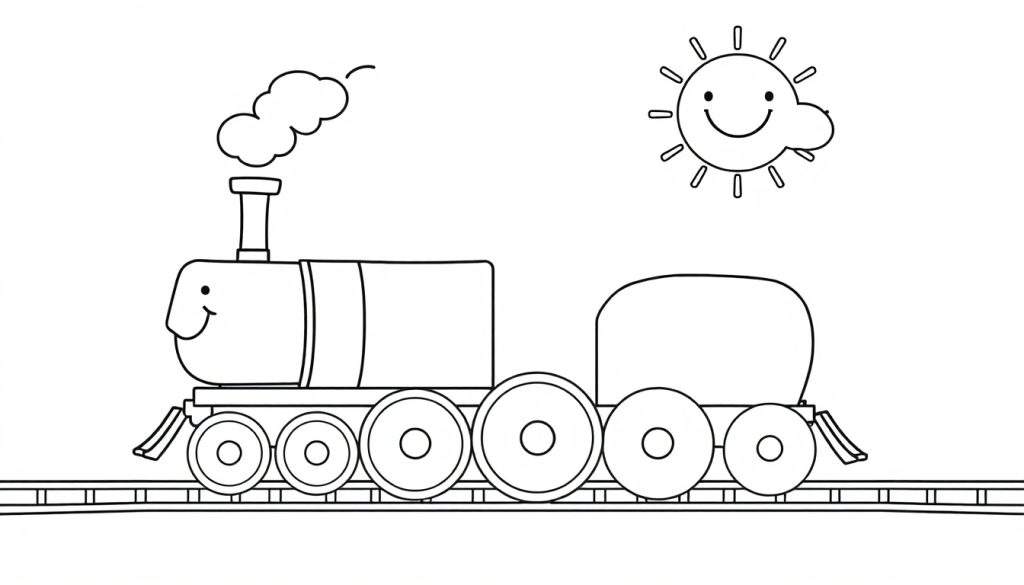 A black and white line drawing of a cartoon steam train with a smiling face, chugging along a track under a smiling sun and cloud, perfect for a color panel.