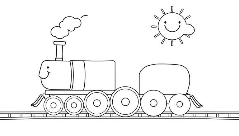 A black and white line drawing of a cartoon steam train with a smiling face, chugging along a track under a smiling sun and cloud, perfect for a color panel.