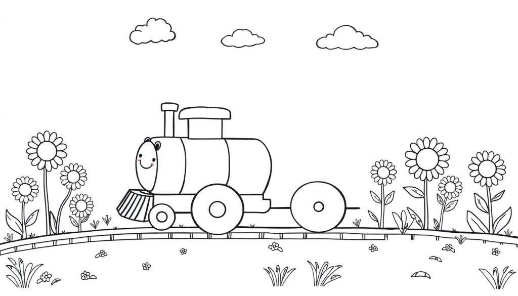 A smiling cartoon train on tracks, surrounded by sunflowers and clouds, ready for a color panel adventure.