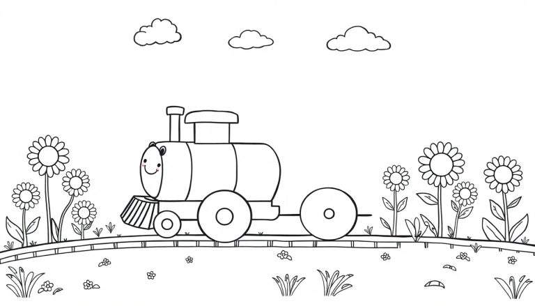 A smiling cartoon train on tracks, surrounded by sunflowers and clouds, ready for a color panel adventure.