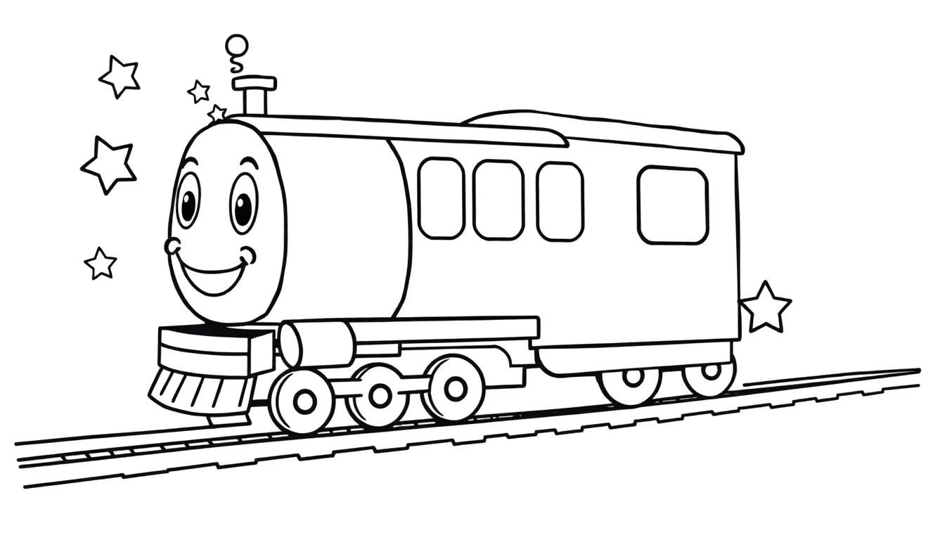 A friendly cartoon subway train in black and white, ready for coloring. This color panel shows a smiling train with big eyes and a chimney, on tracks with stars.