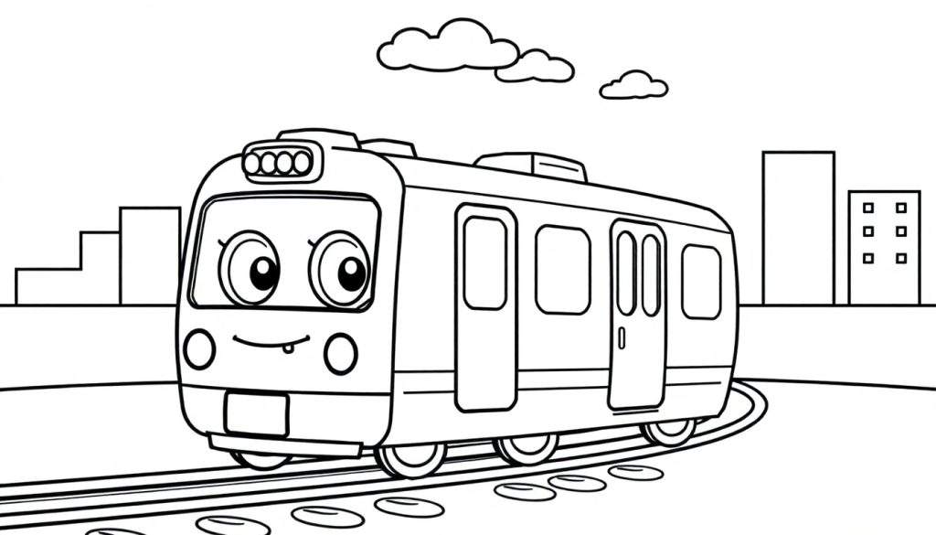 A happy black and white cartoon train, a coloring panel.