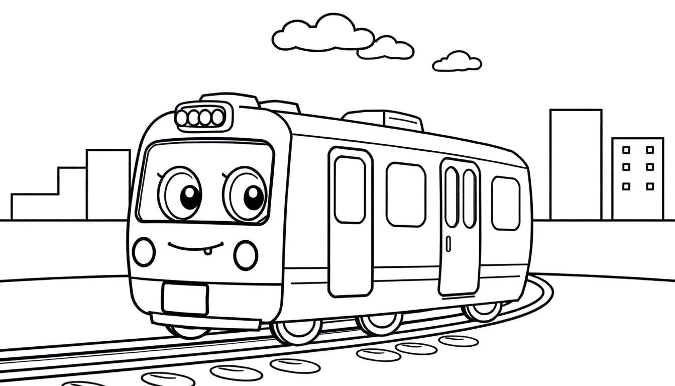 A happy black and white cartoon train, a coloring panel.