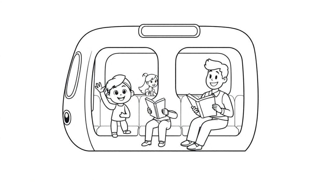 A black and white cartoon illustration of happy children and adults in train compartments, part of a color panel.