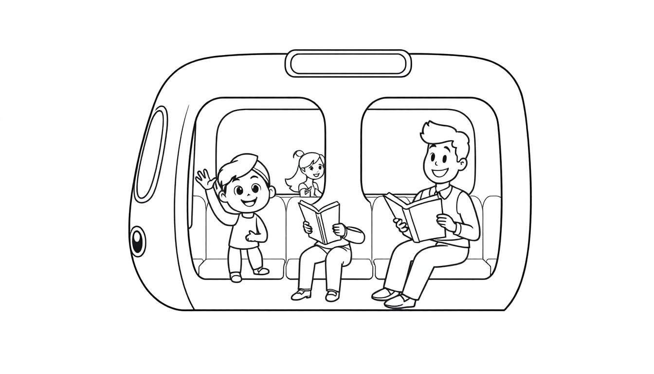 A black and white cartoon illustration of happy children and adults in train compartments, part of a color panel.