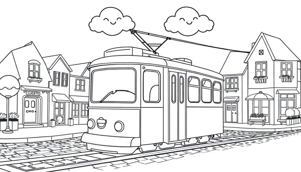 A black and white coloring page of a happy tram with smiling clouds, set on a cobblestone street with quaint buildings.