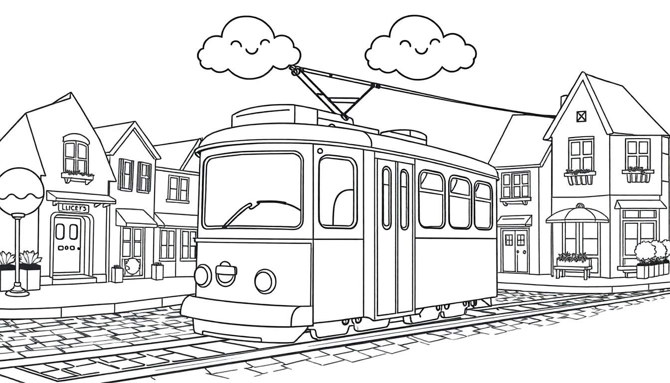 A black and white coloring page of a happy tram with smiling clouds, set on a cobblestone street with quaint buildings.