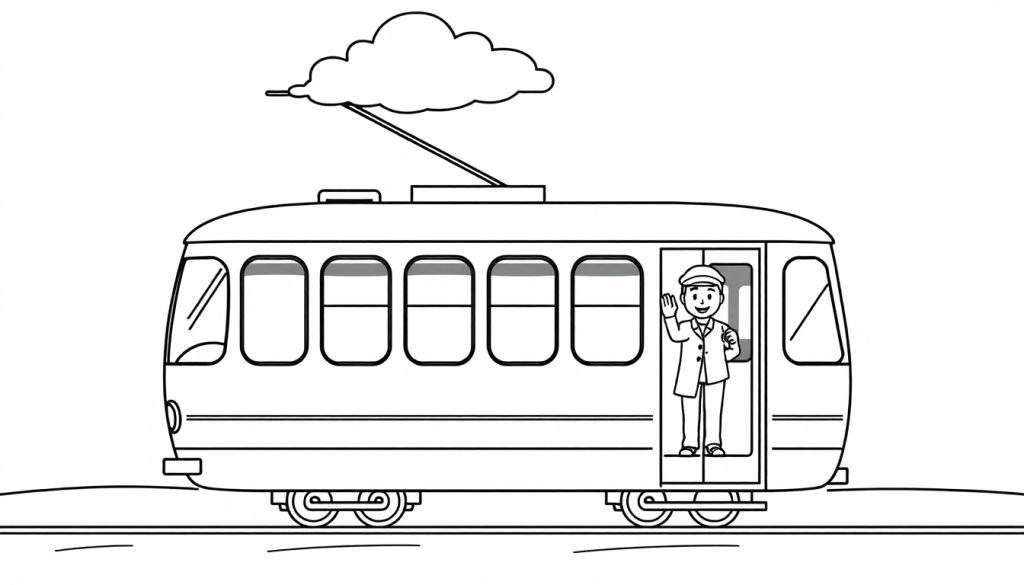A black and white coloring page of a happy tram with a friendly conductor waving from the doorway, on a track with a cloud-like shape above. A fun color panel awaits!