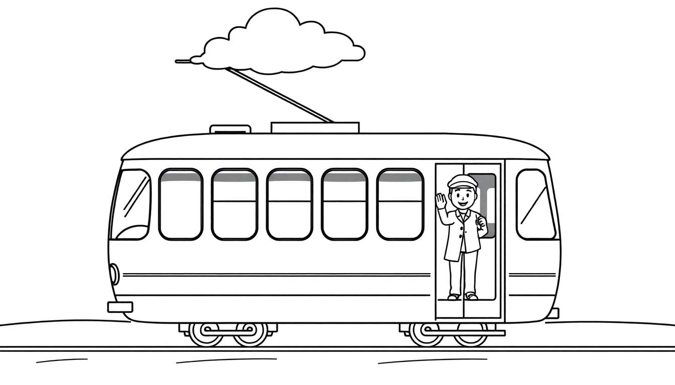A black and white coloring page of a happy tram with a friendly conductor waving from the doorway, on a track with a cloud-like shape above. A fun color panel awaits!