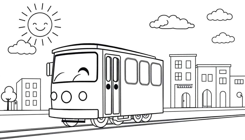 A black and white cartoon tram with a happy face on a color panel, driving through a city under a smiling sun and fluffy clouds.