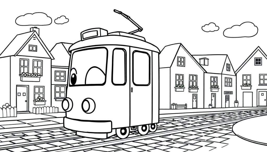 A friendly cartoon tram with a happy face on a coloring panel, driving down a street with houses.