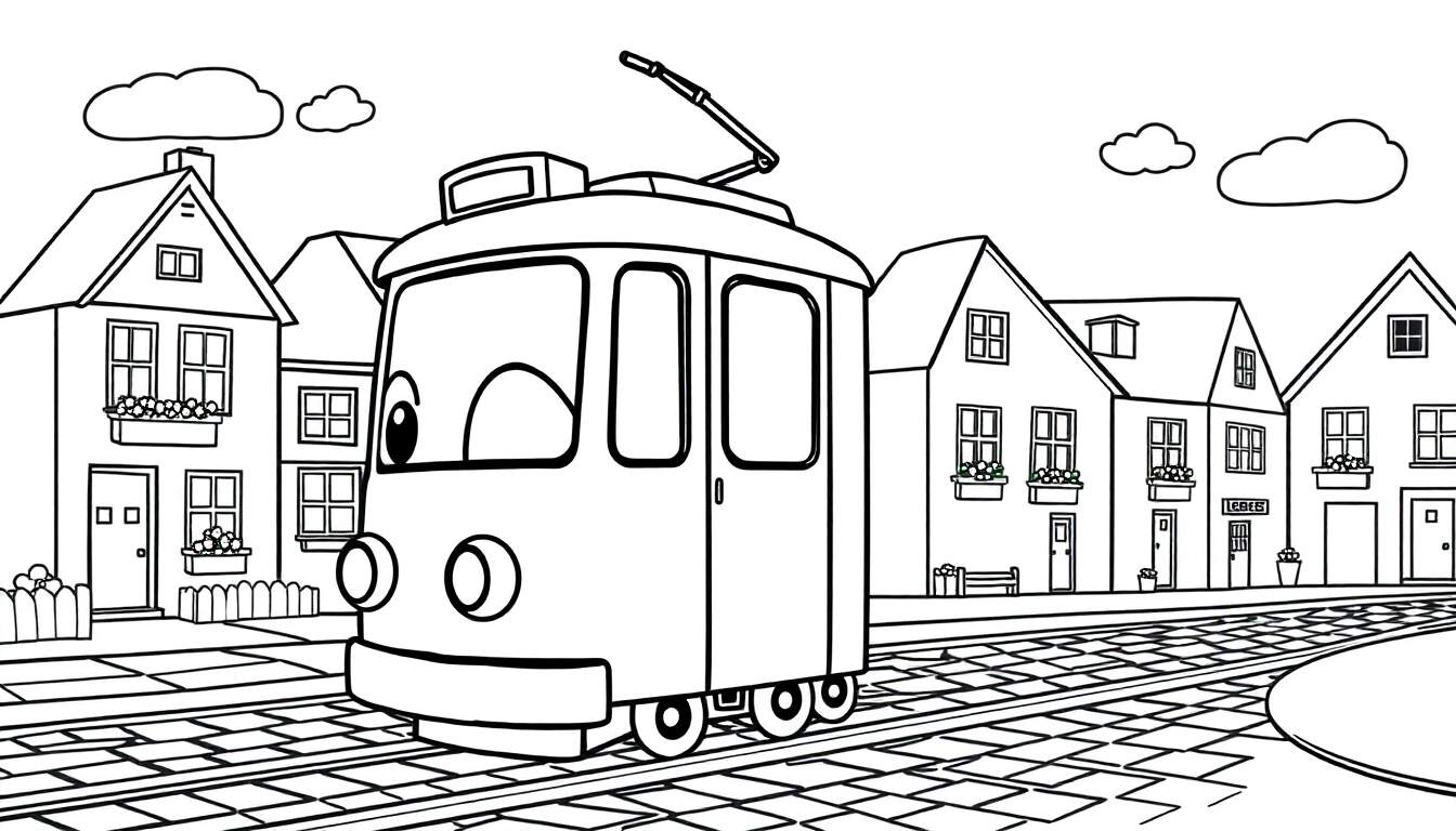 A friendly cartoon tram with a happy face on a coloring panel, driving down a street with houses.