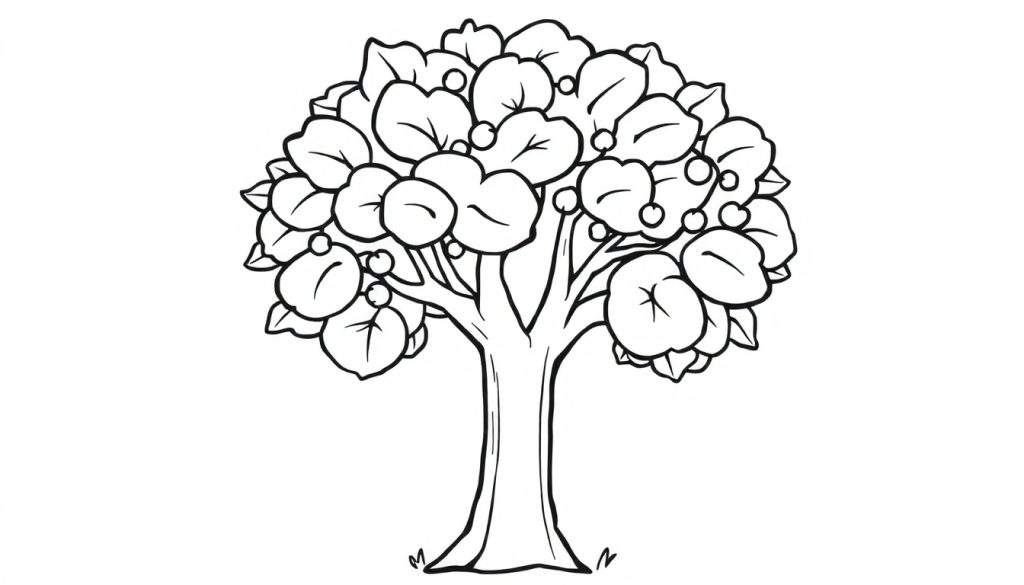 A friendly black and white drawing of a tree with big leaves and berries, perfect for a color panel.