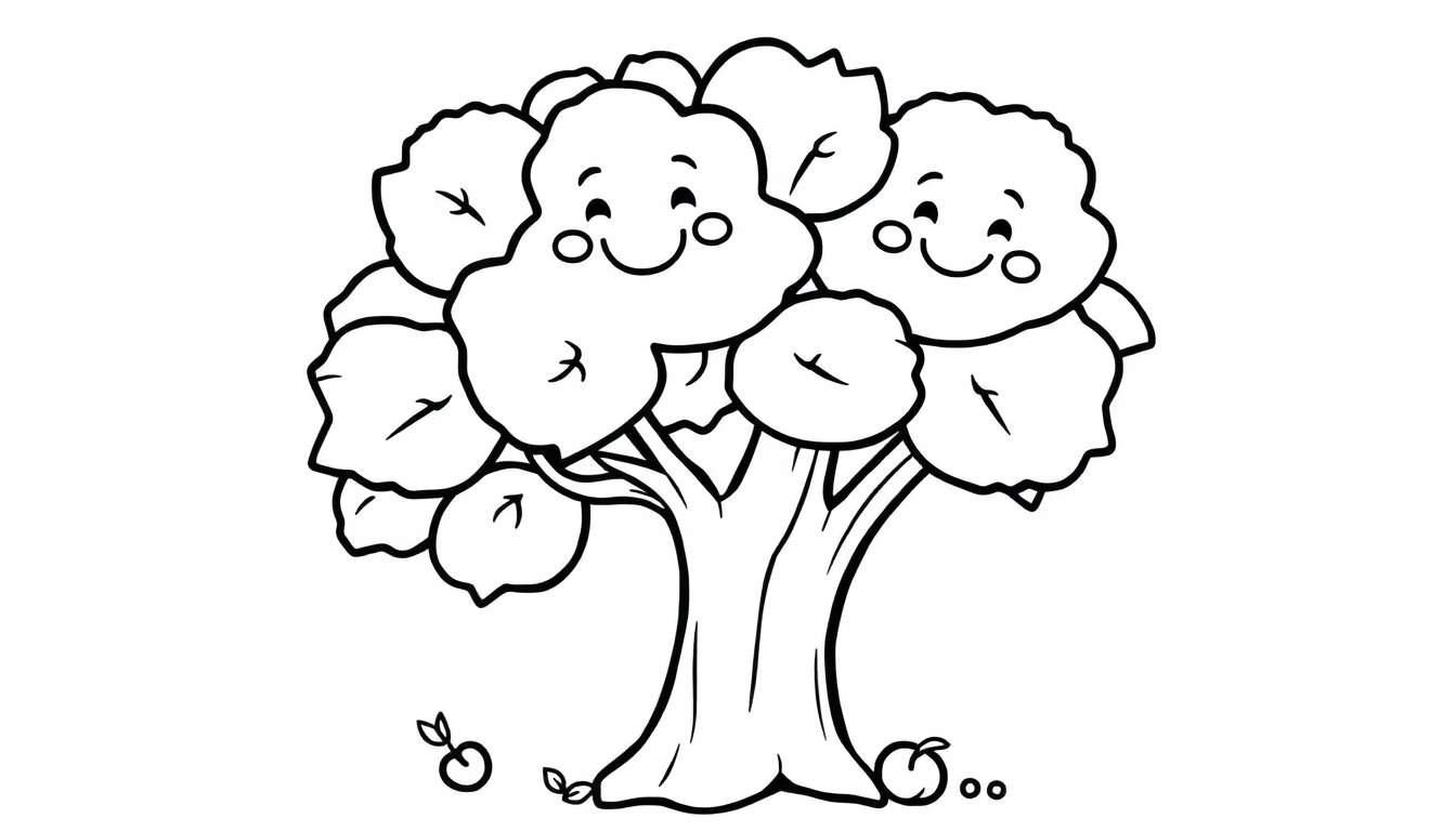 A black and white cartoon tree with a happy face on its leaves, ready for coloring in a color panel.