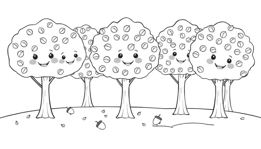 A black and white color panel illustration of five smiling cartoon trees on a hill, with acorns and leaves scattered around. This color panel is perfect for little artists!