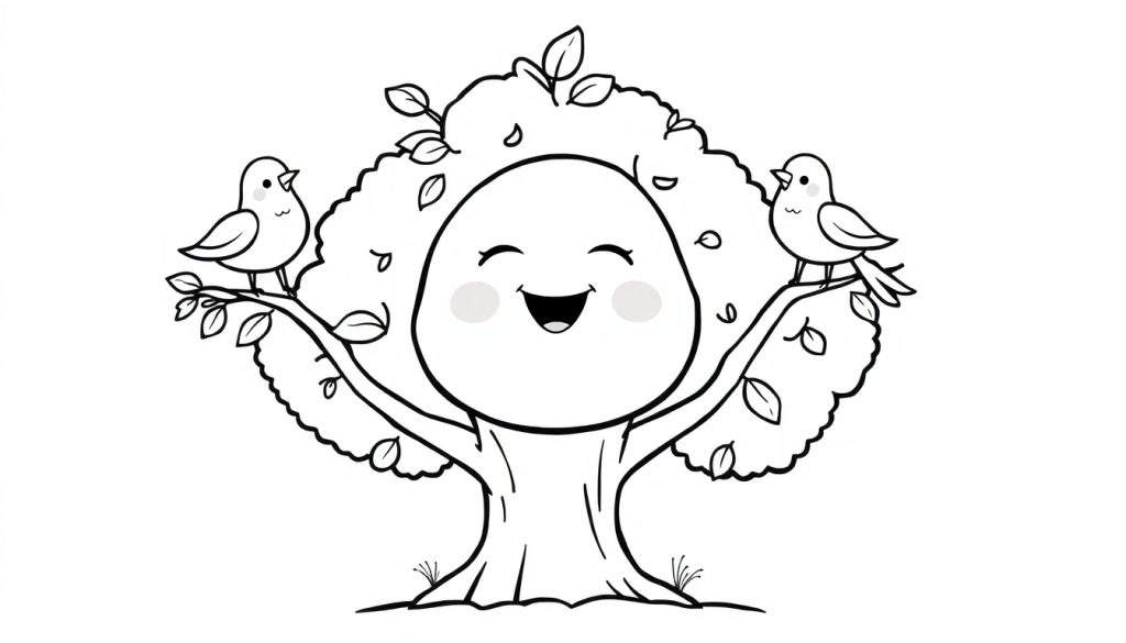 A happy cartoon tree with a smiling face and two birds on its branches, ready for the color panel.