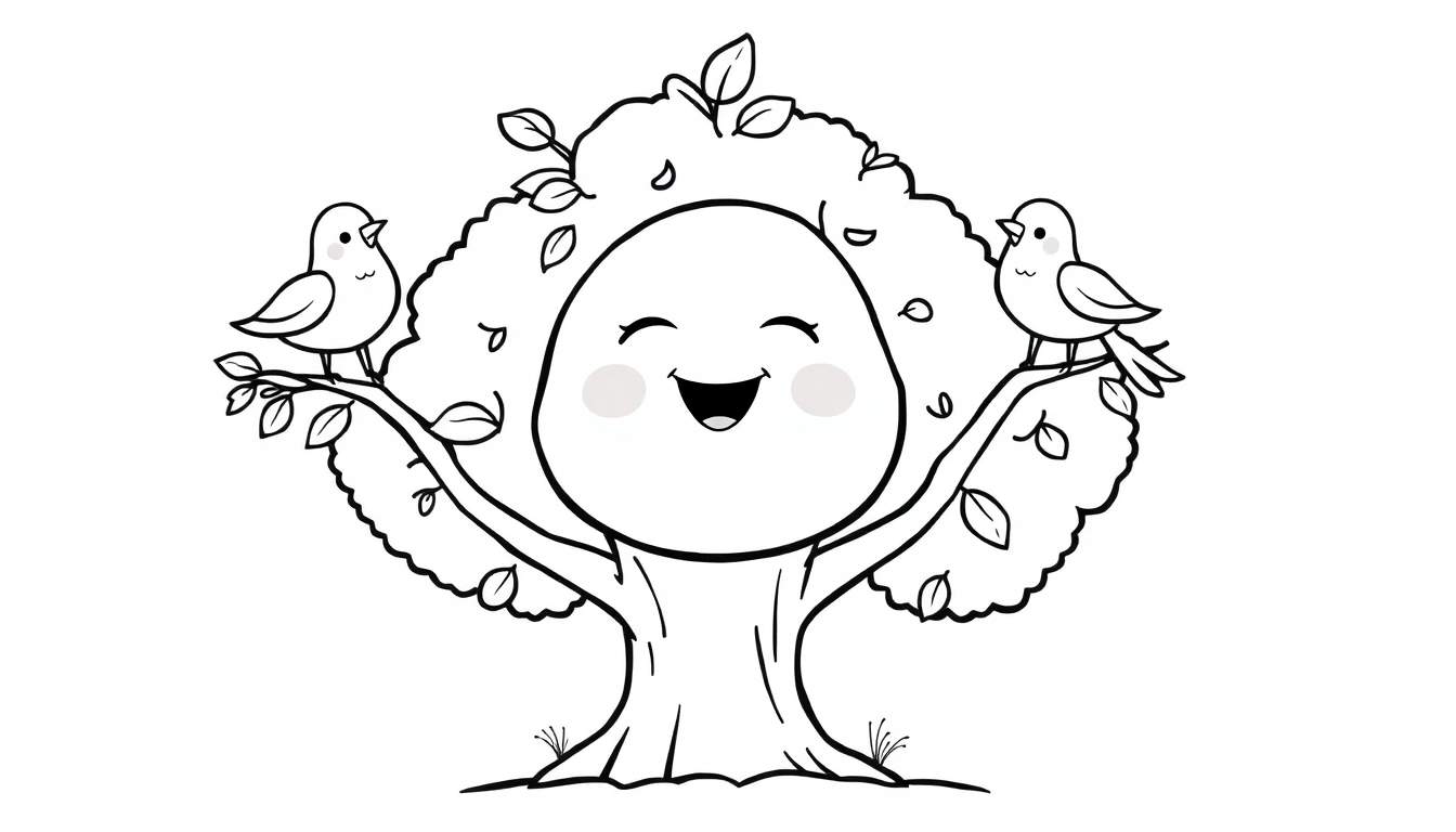 A happy cartoon tree with a smiling face and two birds on its branches, ready for the color panel.
