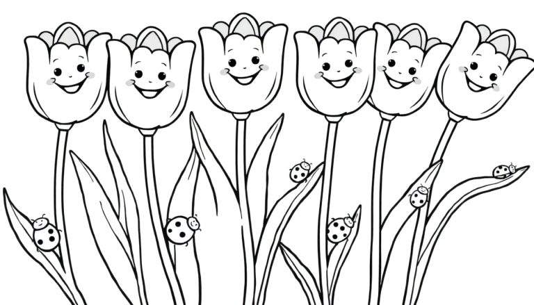 A cheerful black and white coloring page of six tulips with happy faces and ladybugs on leaves, a fun color panel for kids.