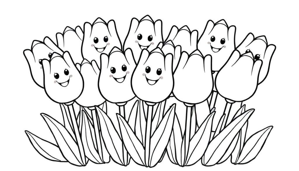 A black and white coloring panel of happy tulips.