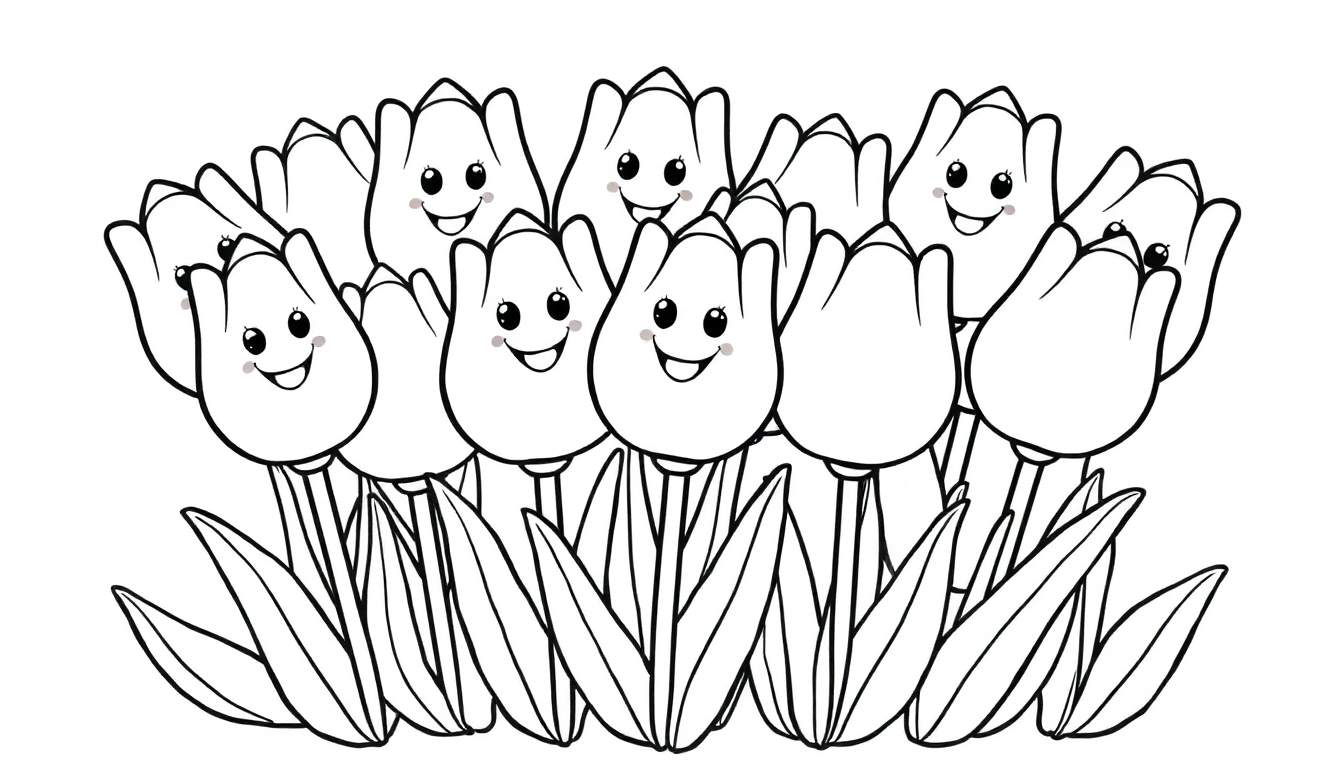 A black and white coloring panel of happy tulips.