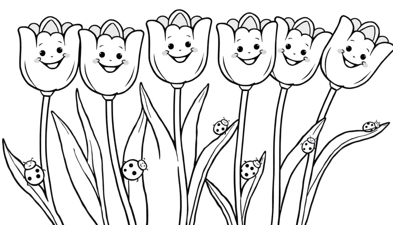 A cheerful black and white coloring page of six tulips with happy faces and ladybugs on leaves, a fun color panel for kids.