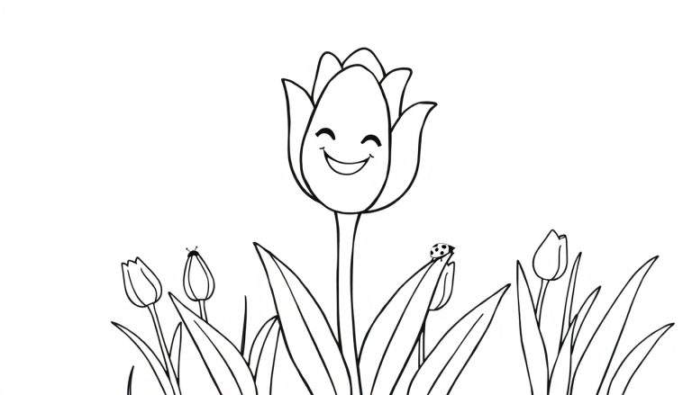 A happy tulip with a face in a garden, a fun color panel for kids.