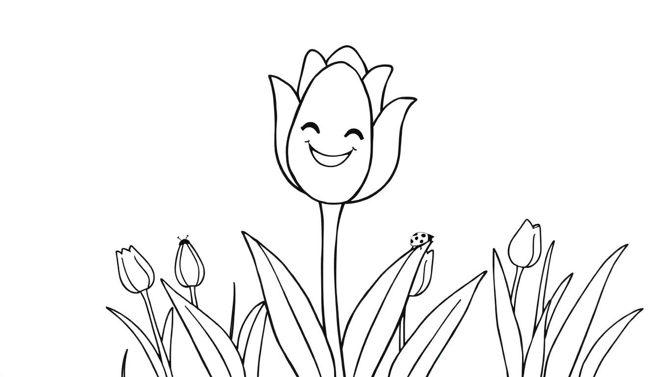 A happy tulip with a face in a garden, a fun color panel for kids.